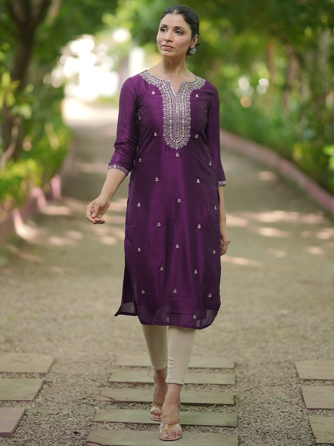 Wine Embroidered Silk Straight Kurta