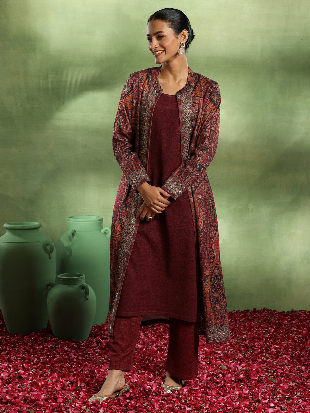 Maroon Printed Wool Straight Kurta