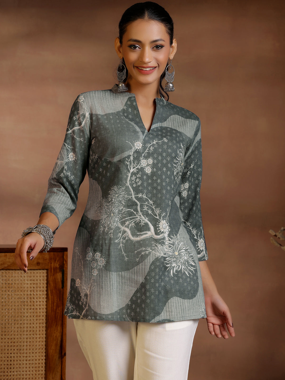  Grey Printed Cotton Blend Straight Kurtis 