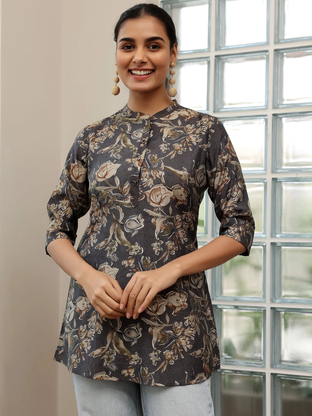  Grey Printed Silk Blend Straight Kurti 