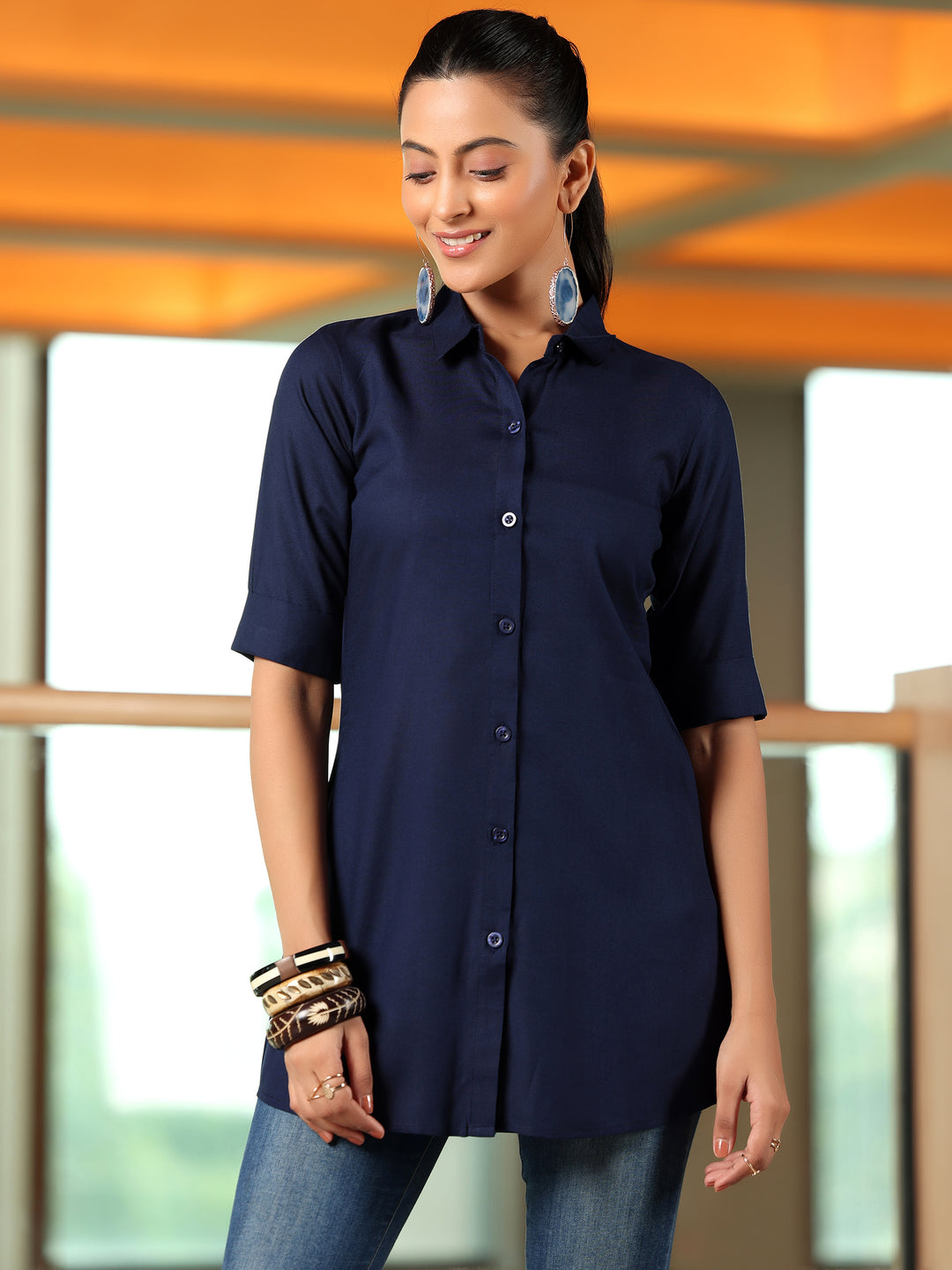  Navy Blue Solid Rayon A-Line Kurti 