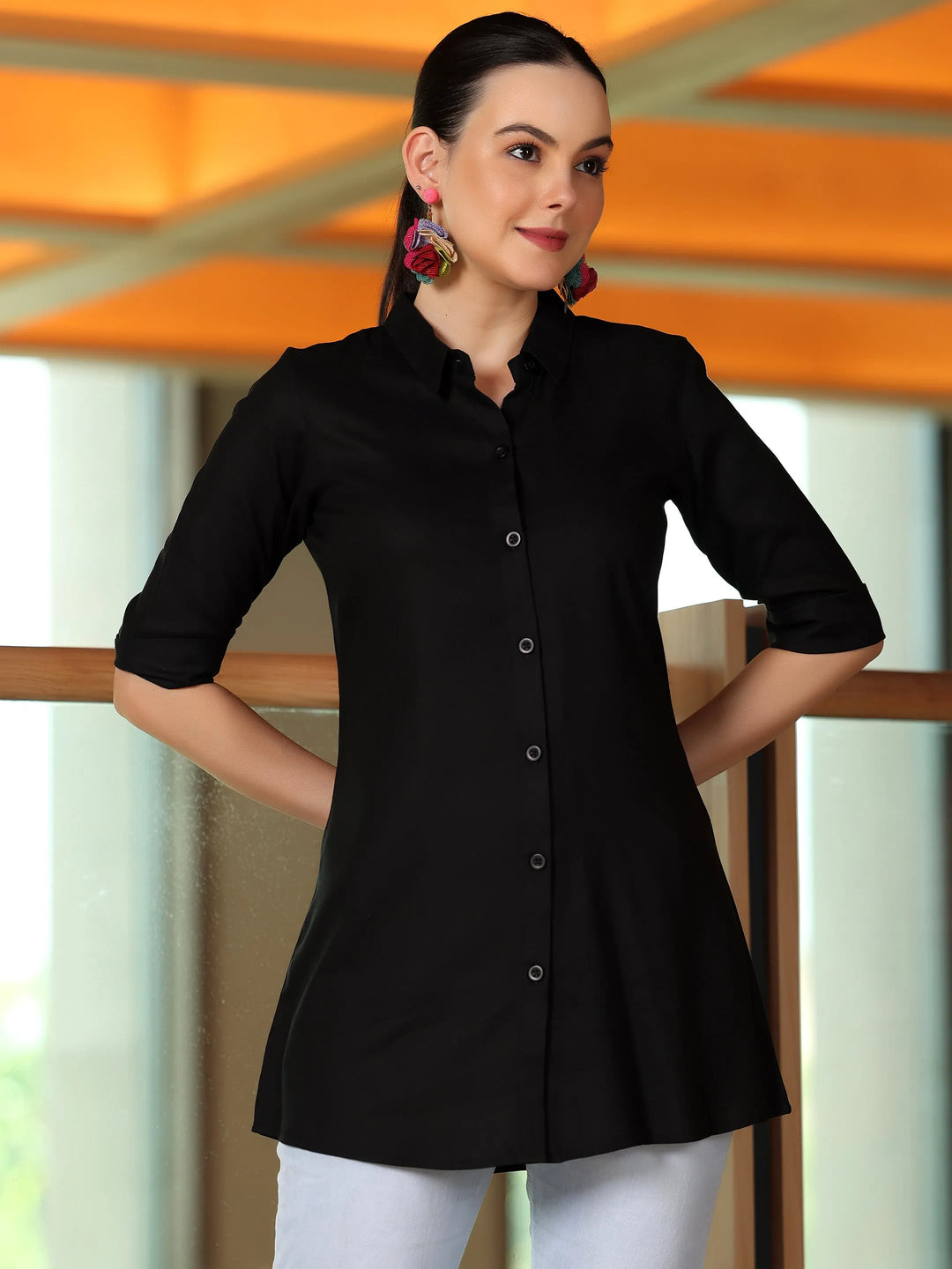  Black Solid Rayon A-Line Kurti 