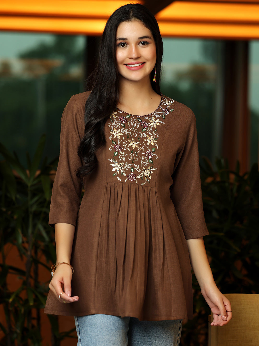 Brown Yoke Design Cotton Blend A-Line Kurti