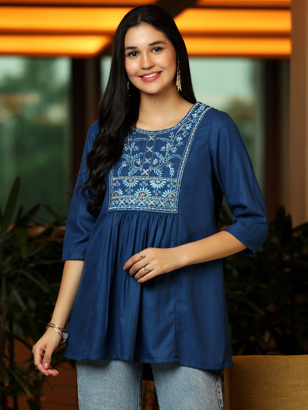 Blue Yoke Design Cotton Blend A-Line Kurti