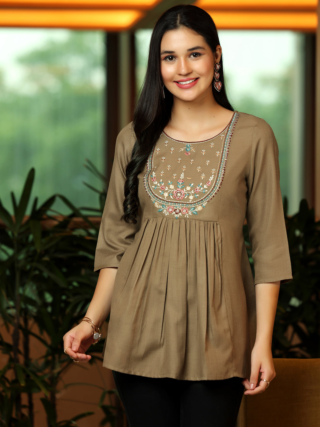 Brown Yoke Design Cotton Blend A-Line Kurti