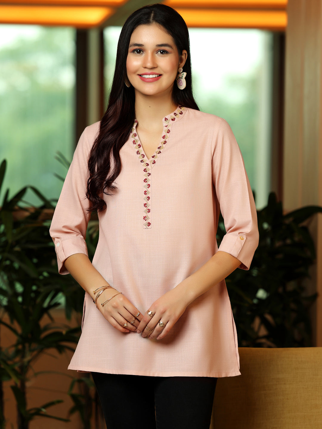  Pink Solid Cotton Blend Straight Kurti 