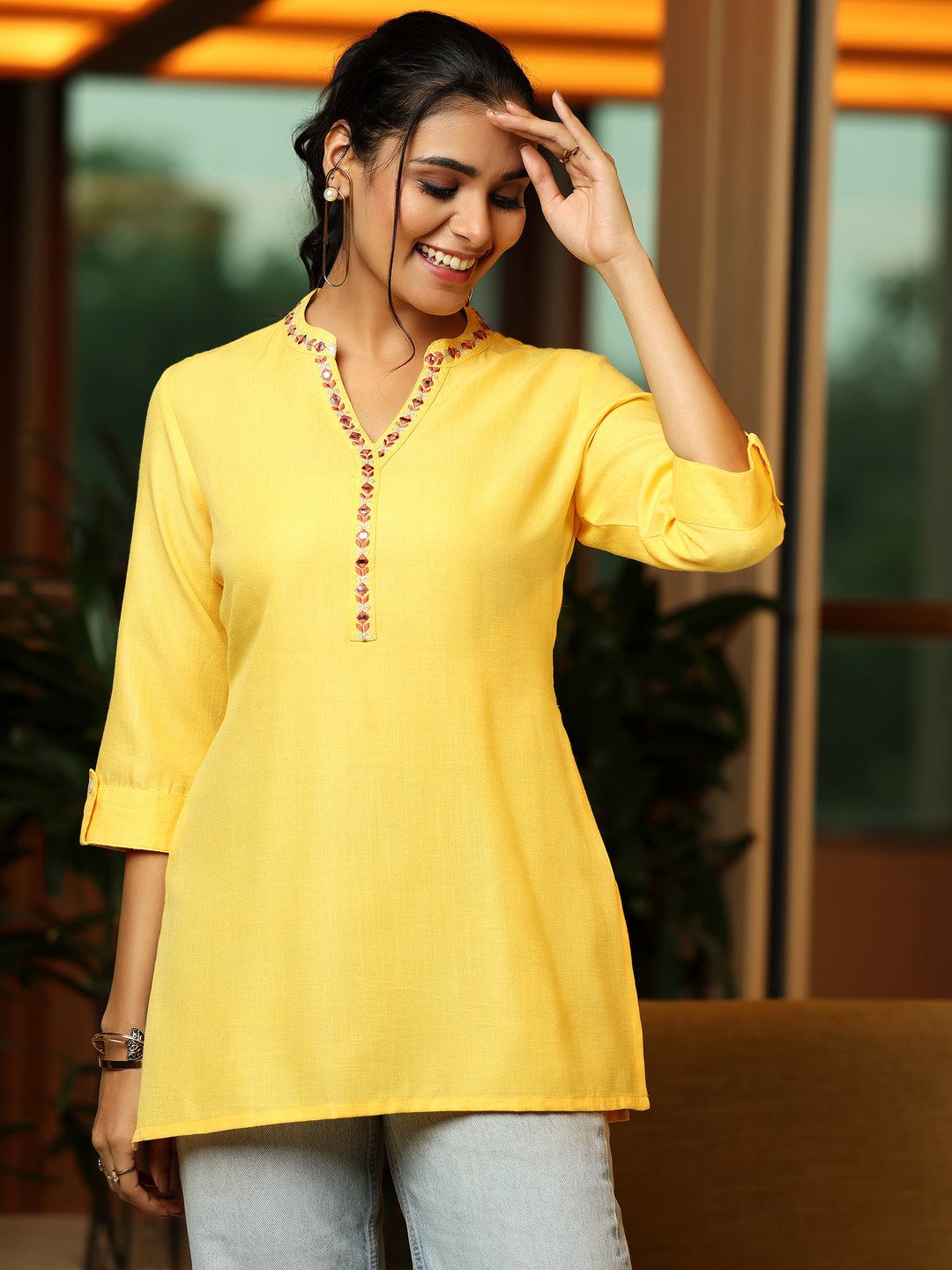  Yellow Solid Cotton Blend Straight Kurti 