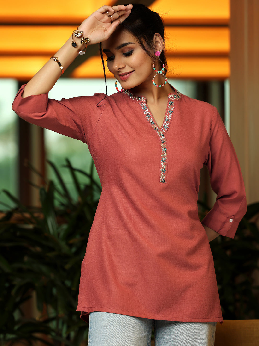  Rust Solid Cotton Blend Straight Kurti 