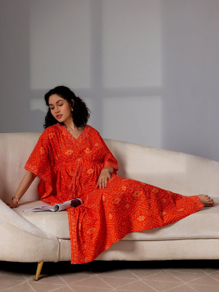 Orange Printed Cotton Kaftan Night Dress - Libas