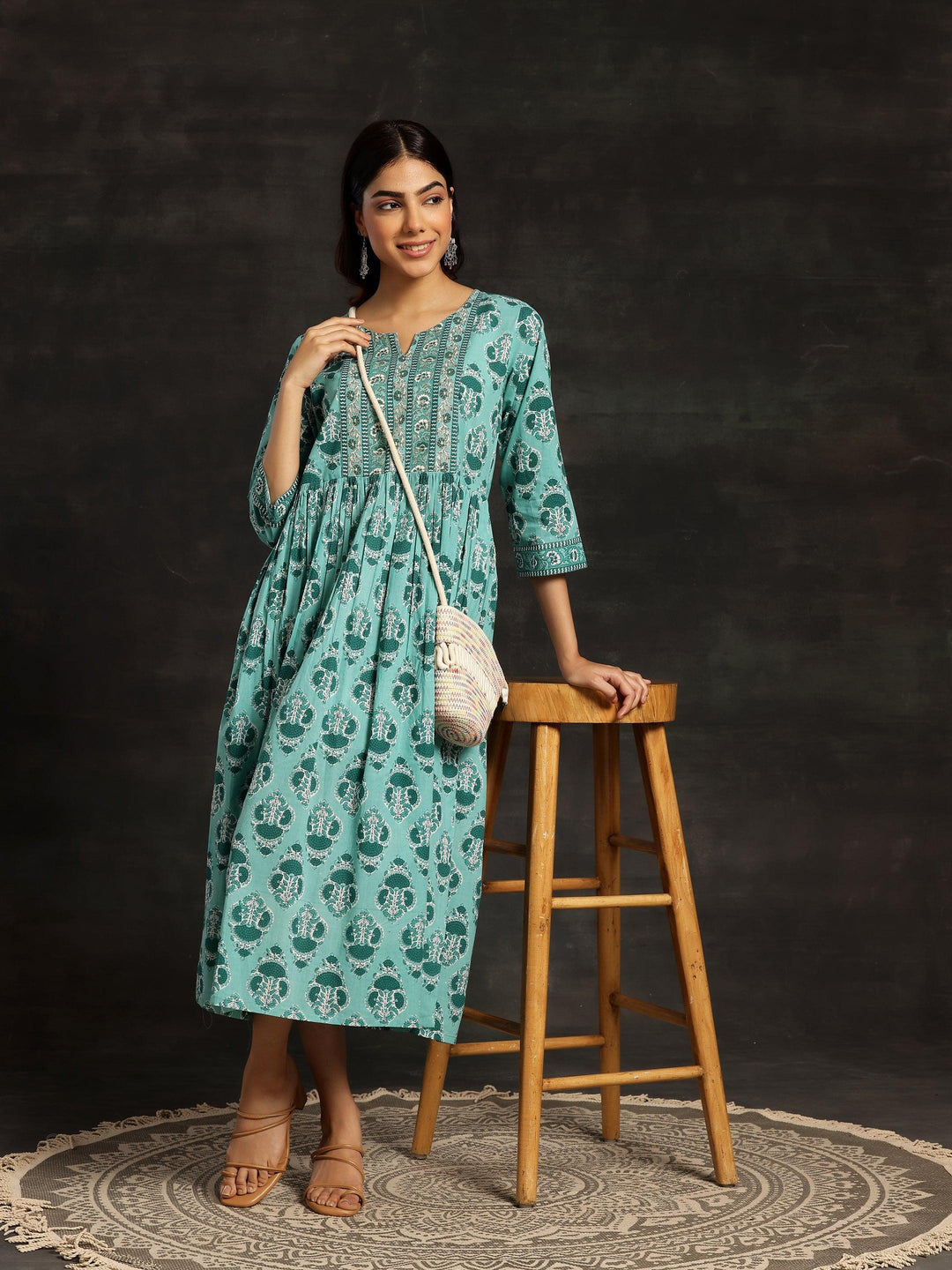 Sea Green Printed Cotton Fit and Flare Dress - Libas 