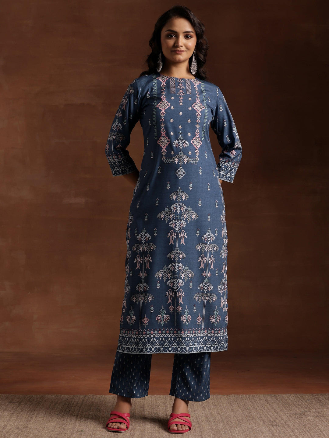 Grey Printed Crepe Straight Kurta Set - Libas 