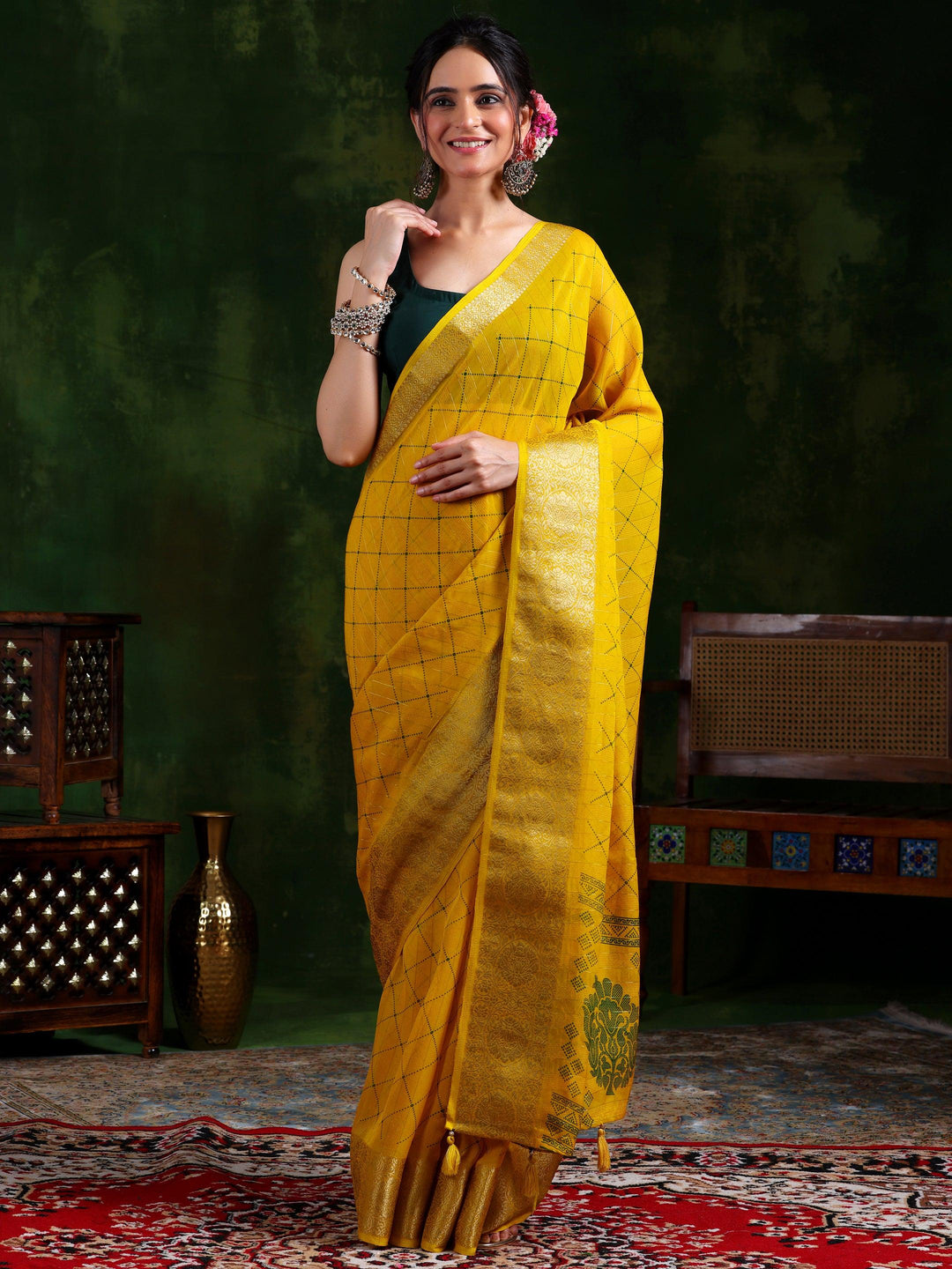 Mustard Printed Silk Blend Saree With Unstitched Blouse Piece - Libas 