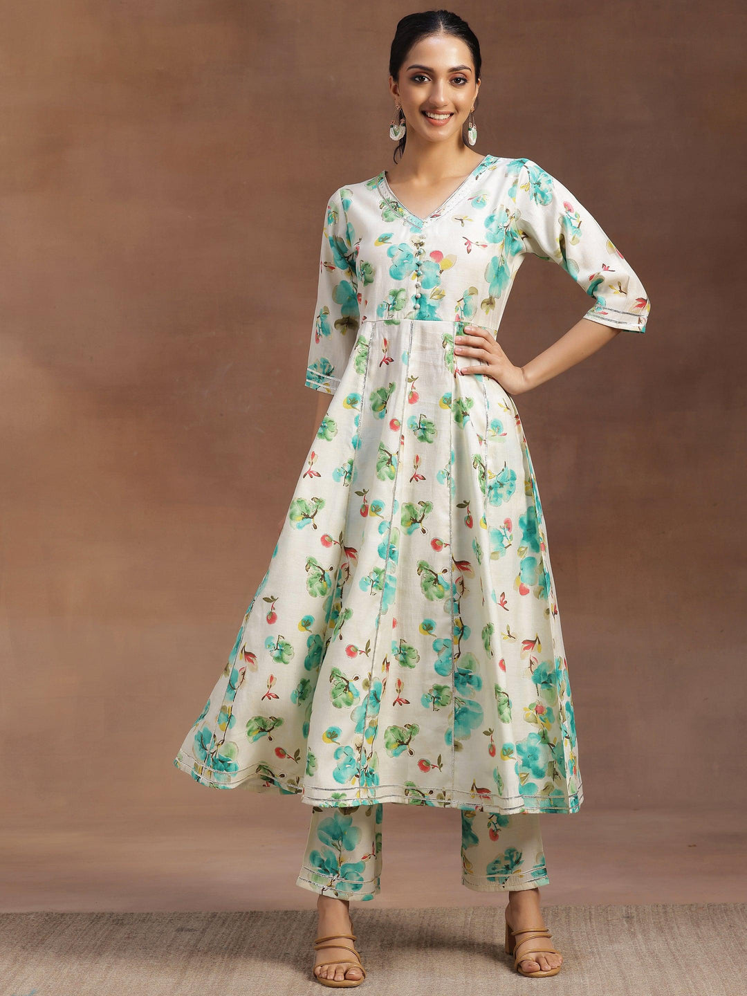 Off white Printed Silk Blend Anarkali Kurta With Trousers - Libas 