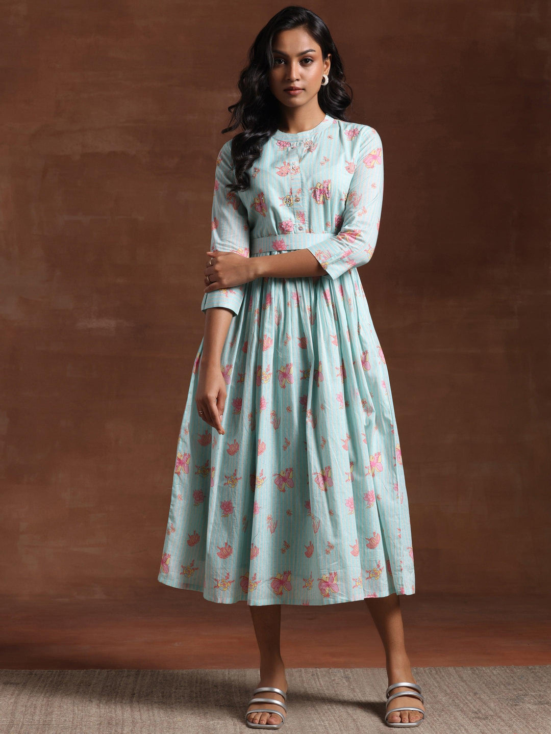 Sea Green Printed Cotton Fit and Flare Dress - Libas 