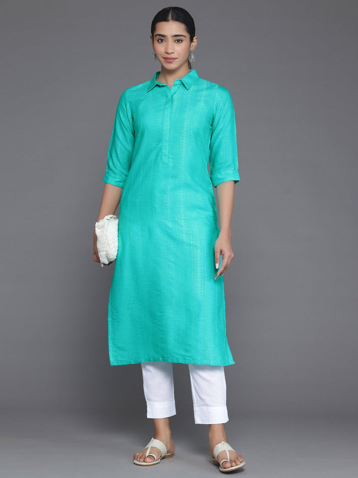 Blue Woven Design Cotton Straight Kurta - Libas