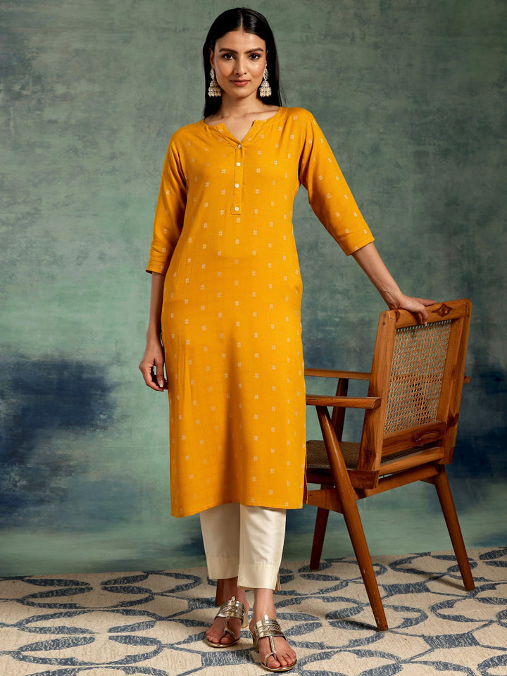 Mustard Woven Design Rayon Straight Kurta - Libas