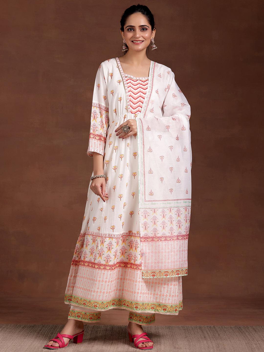 Off White Printed Cotton Anarkali Suit With Dupatta - Libas 