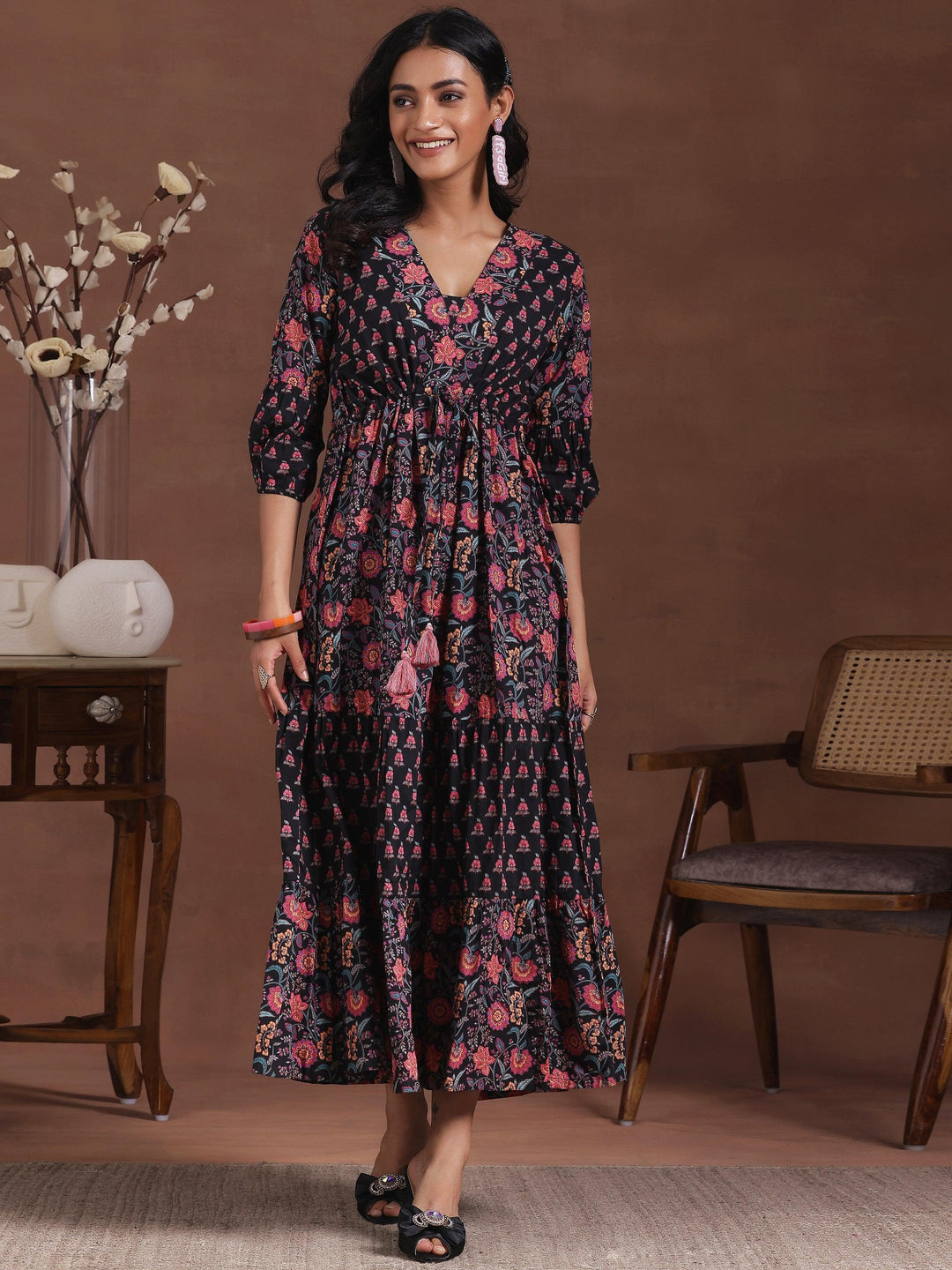 Black Printed Cotton A-Line Dress - Libas