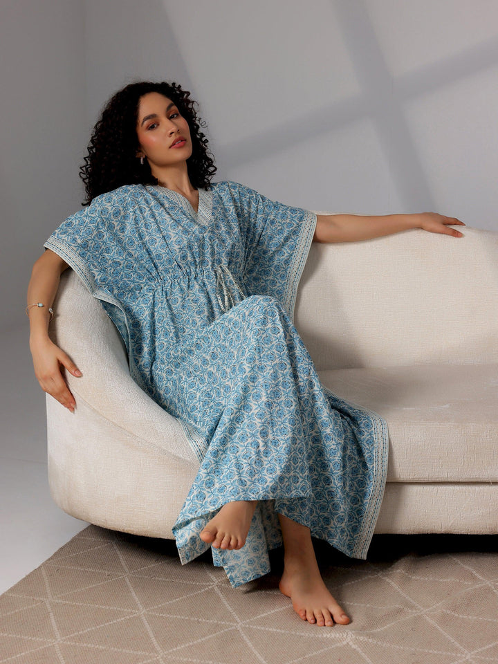 Blue Printed Cotton Kaftan Night Dress - Libas