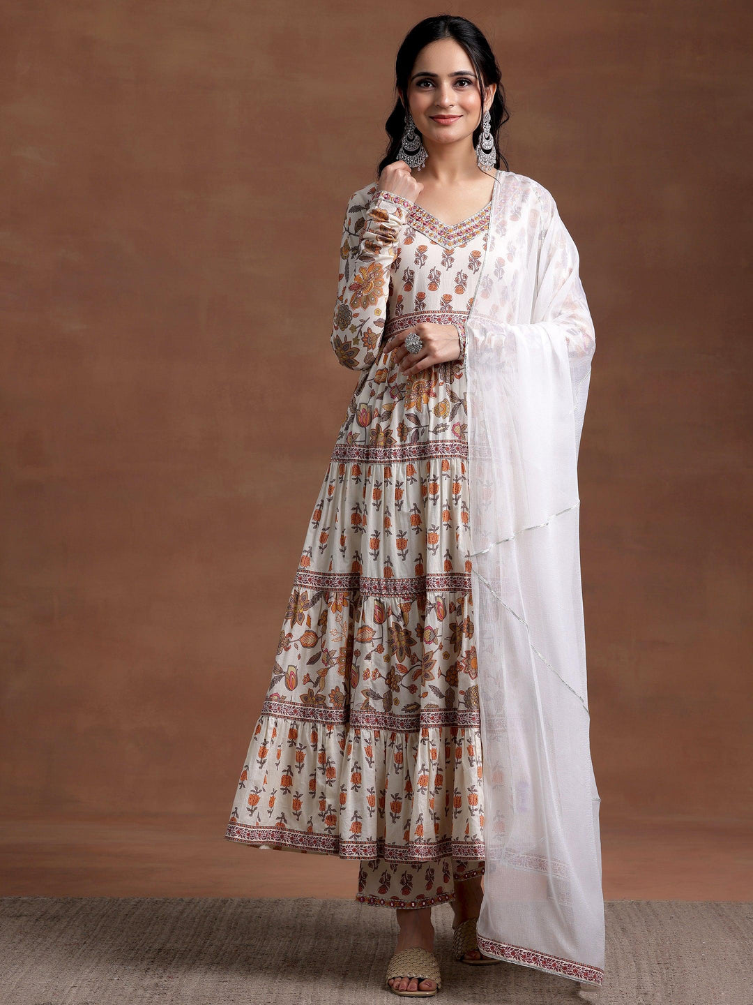 Off white Printed Cotton A-Line Kurta With Palazzos & Dupatta - Libas