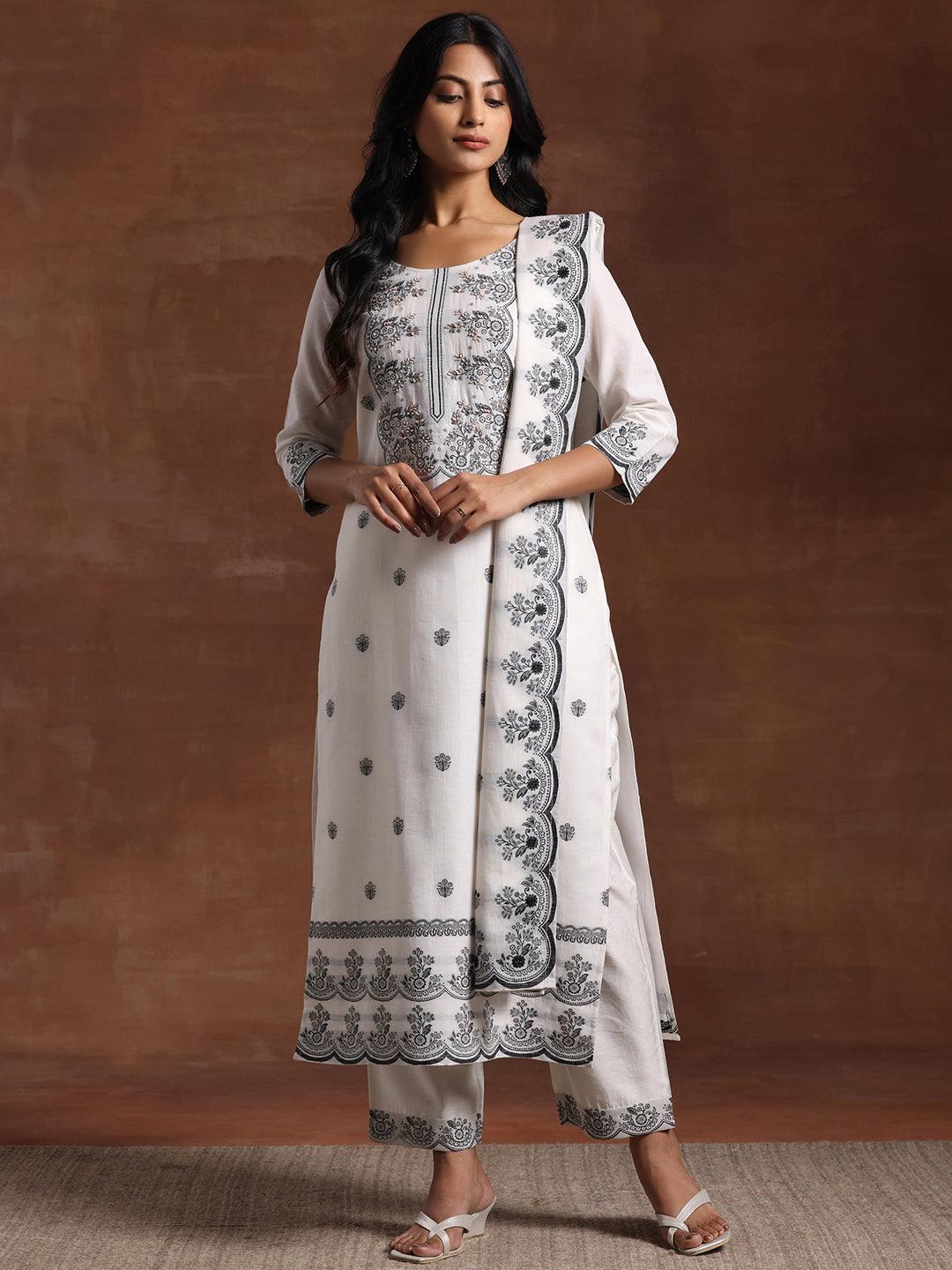 White Woven Design Cotton Straight Suit With Dupatta - Libas