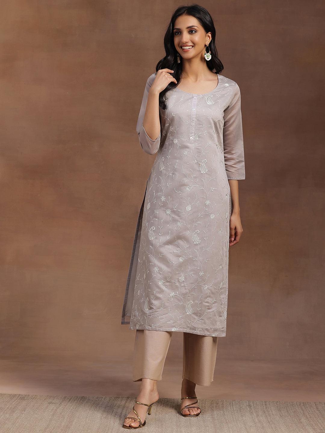 Grey Embroidered Chanderi Silk Straight Kurta - Libas 