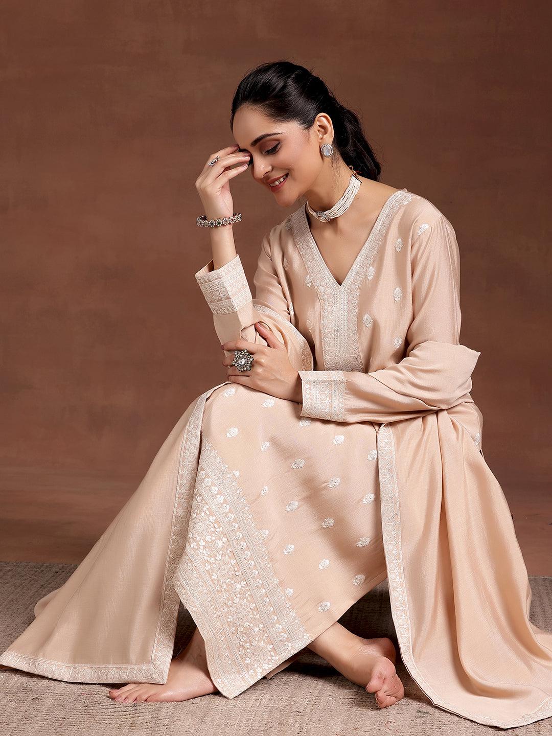 Beige Embroidered Silk Blend Straight Suit With Dupatta - Libas