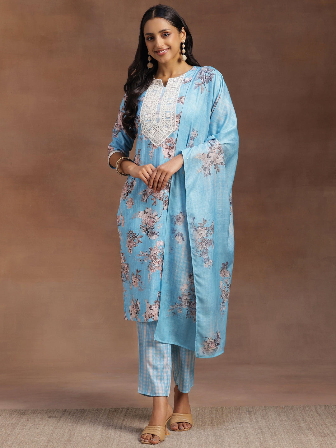 Blue Printed Cotton Straight Suit With Dupatta - Libas 