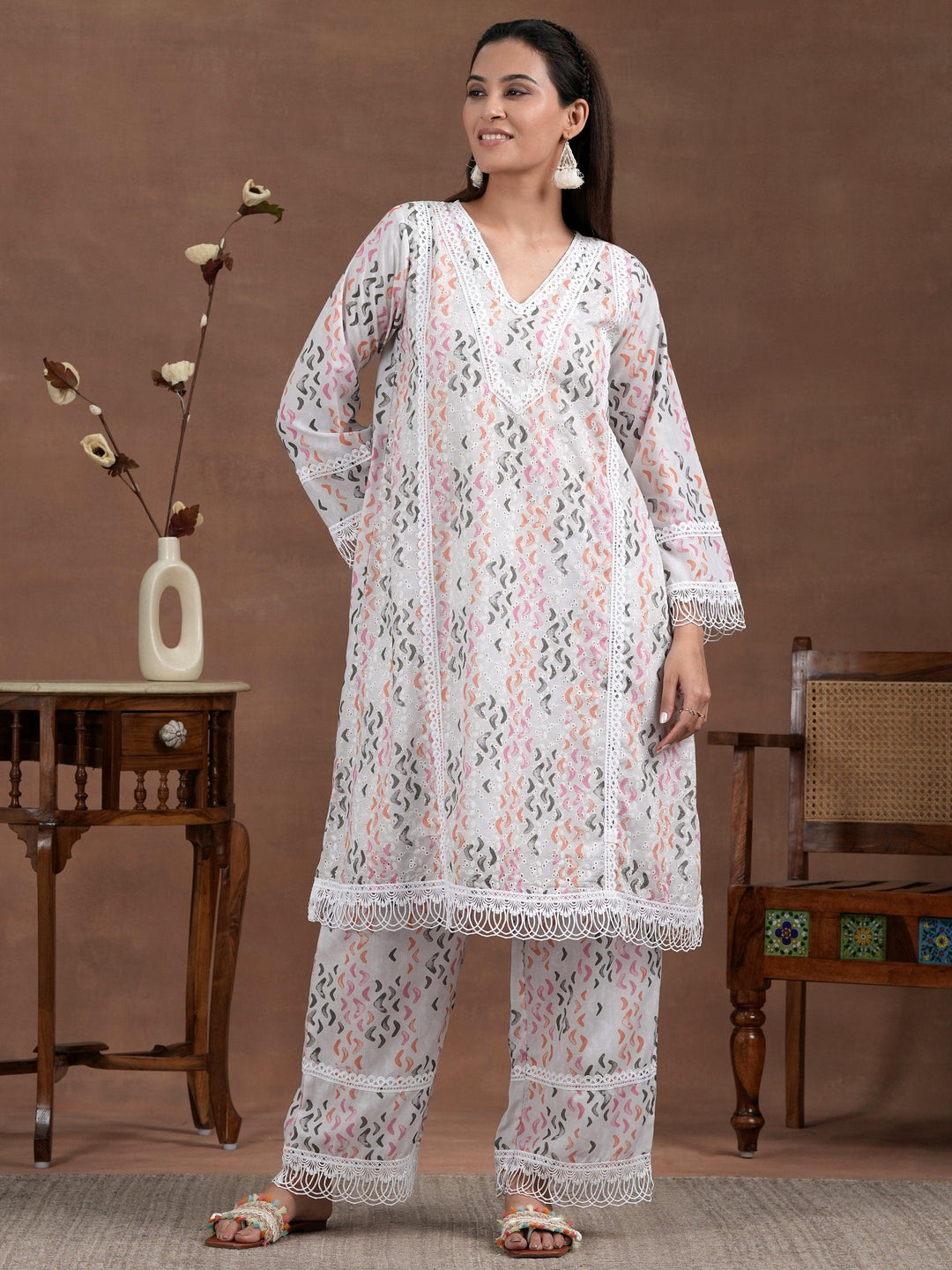 Off white Printed Cotton A-Line Kurta With Palazzos - Libas 