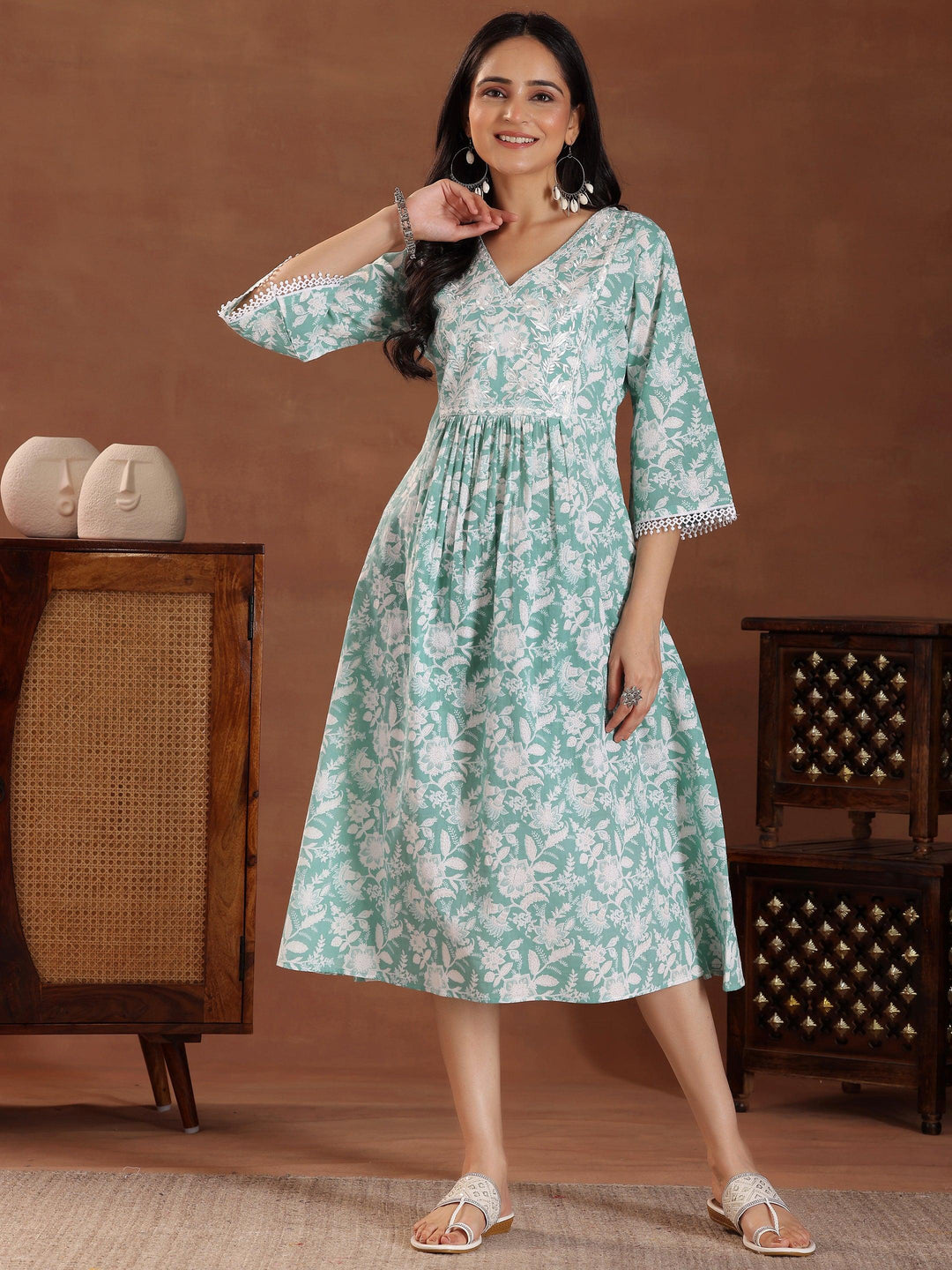 Green Printed Cotton A-Line Dress - Libas 