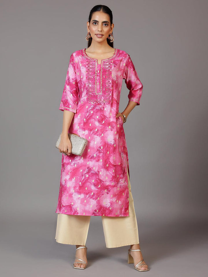 Pink Yoke Design Silk Straight Kurta - Libas