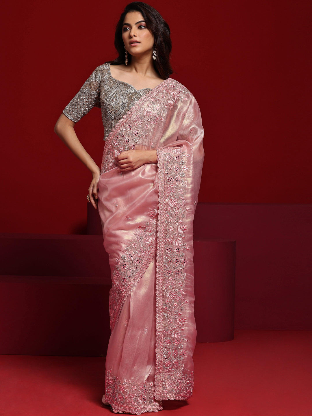 Libas Art Pink Embroidered Silk Blend Saree With Unstitched Blouse Piece - Libas 