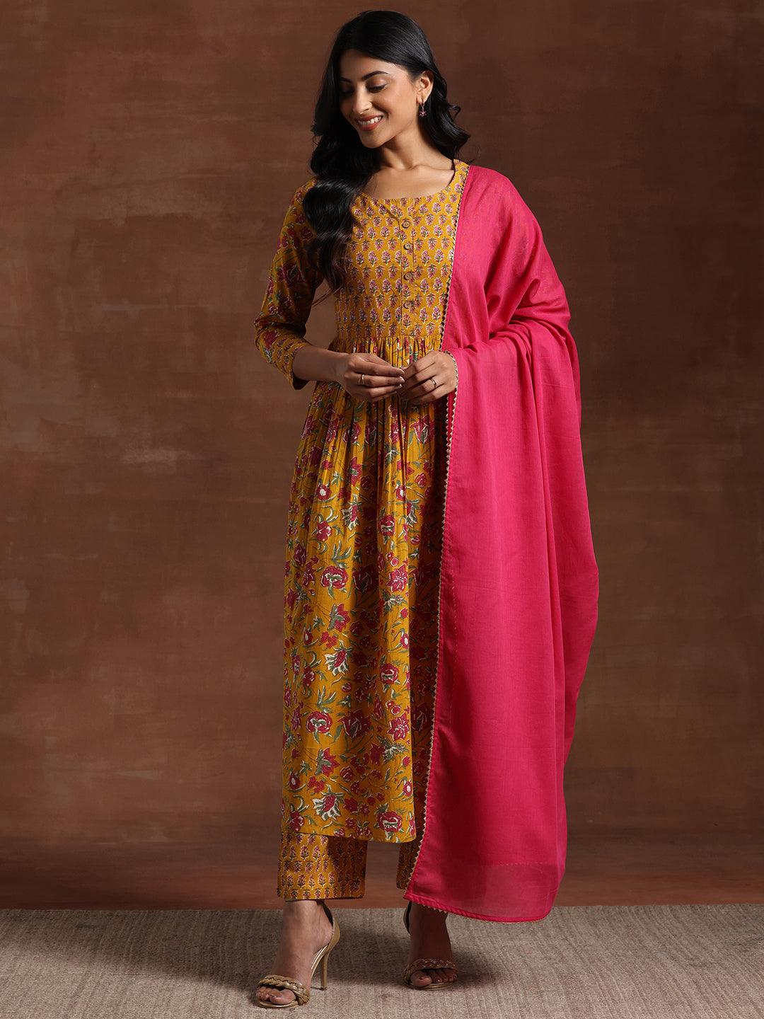 Yellow Printed Pure Cotton Anarkali Suit With Dupatta - Libas