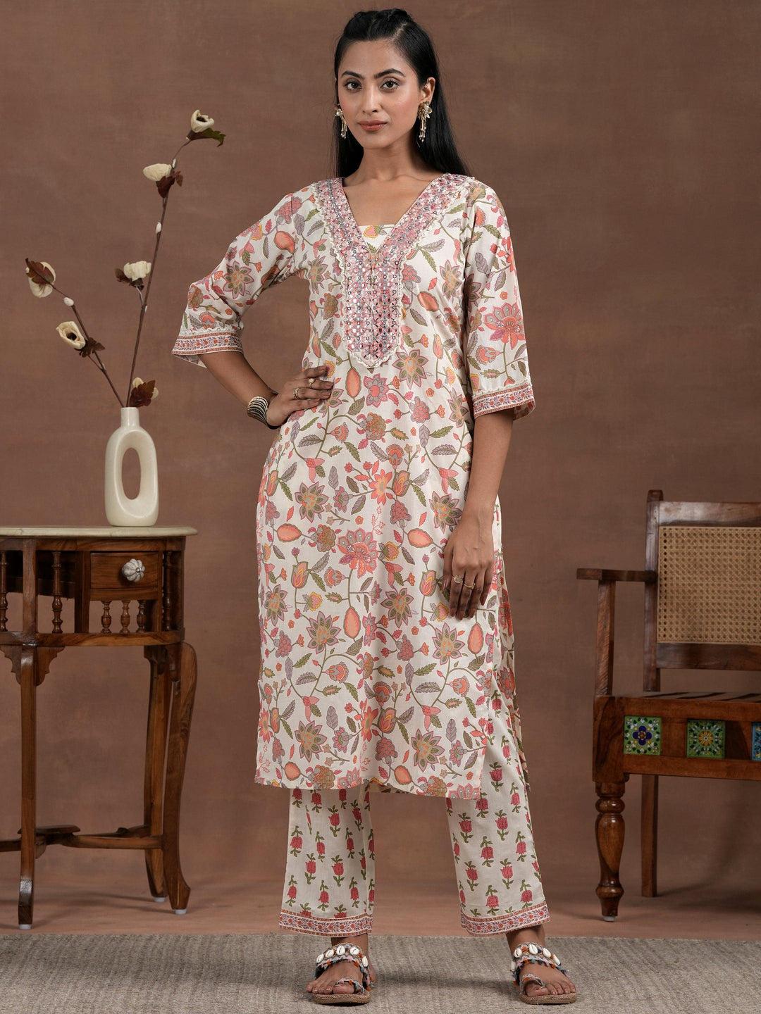 Off White Printed Cotton Straight Suit With Dupatta - Libas 