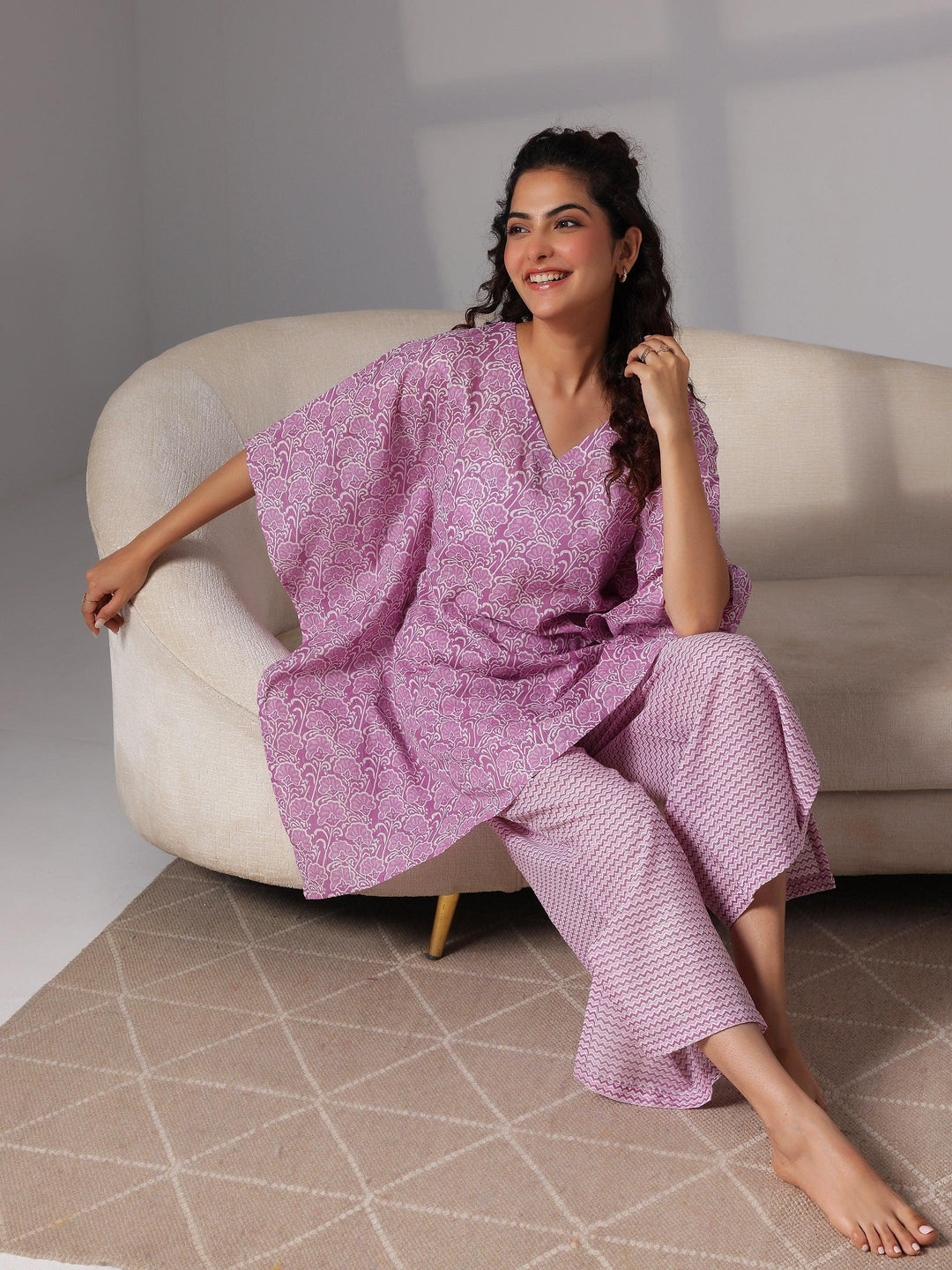 Purple Printed Cotton Night Suits - Libas 