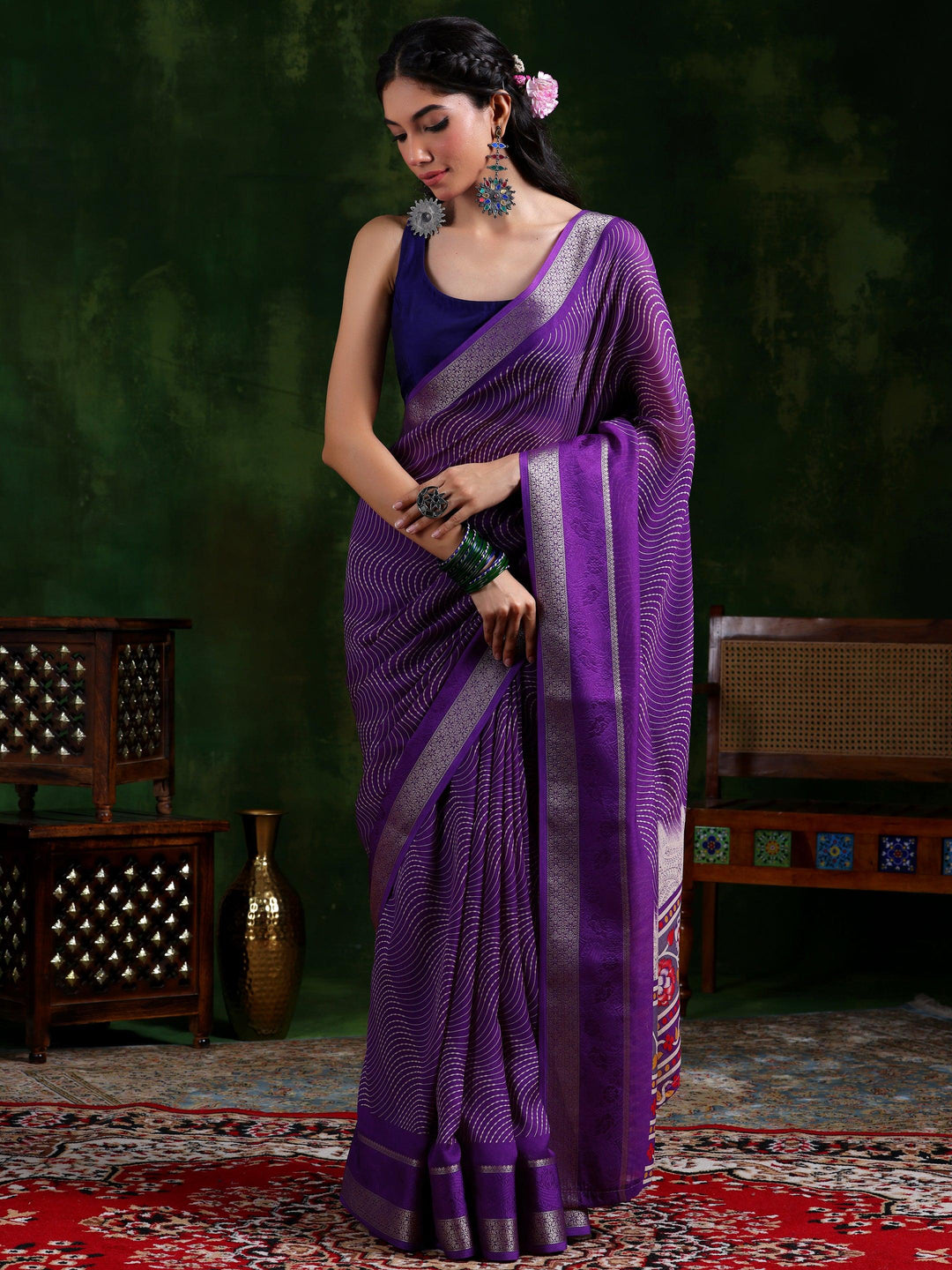 Purple Printed Silk Blend Saree With Unstitched Blouse Piece - Libas