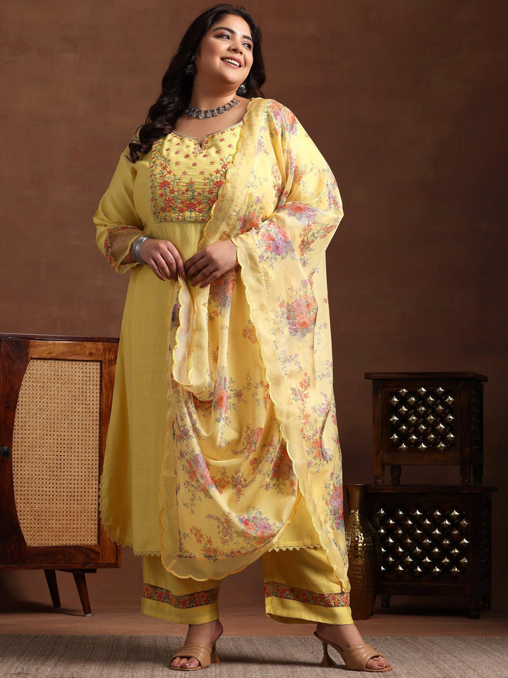 Plus Size Yellow Yoke Design Silk Blend Straight Suit With Dupatta - Libas