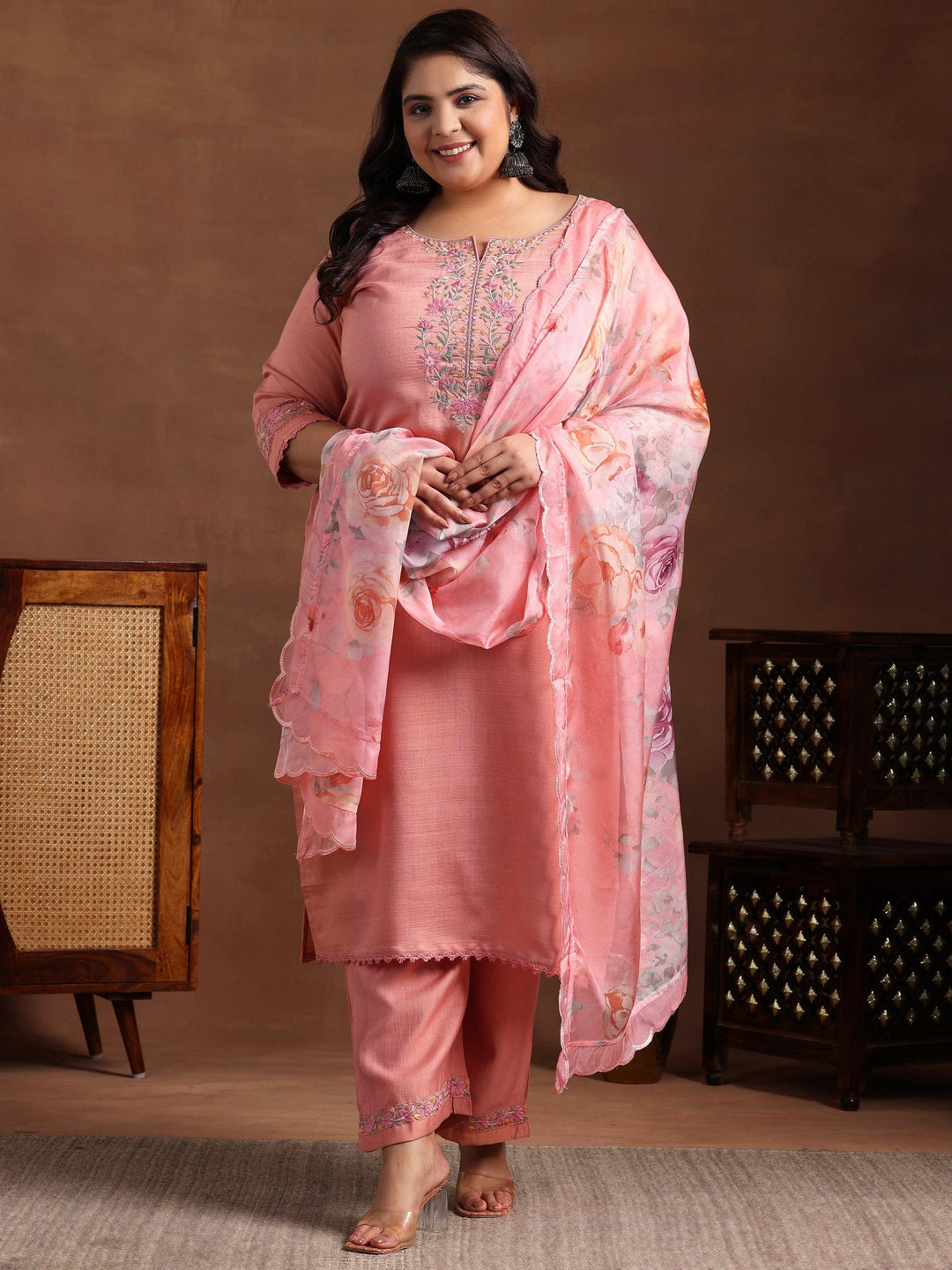 Plus Size Peach Yoke Design Silk Blend Straight Suit With Dupatta - Libas