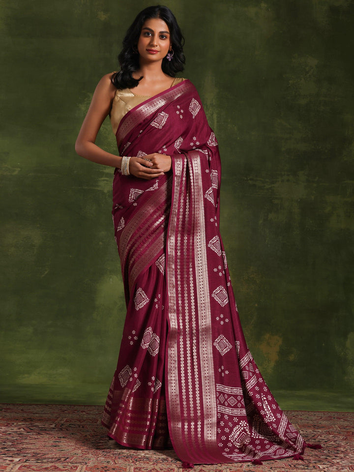 Wine Printed Silk Blend Saree With Unstitched Blouse Piece - Libas