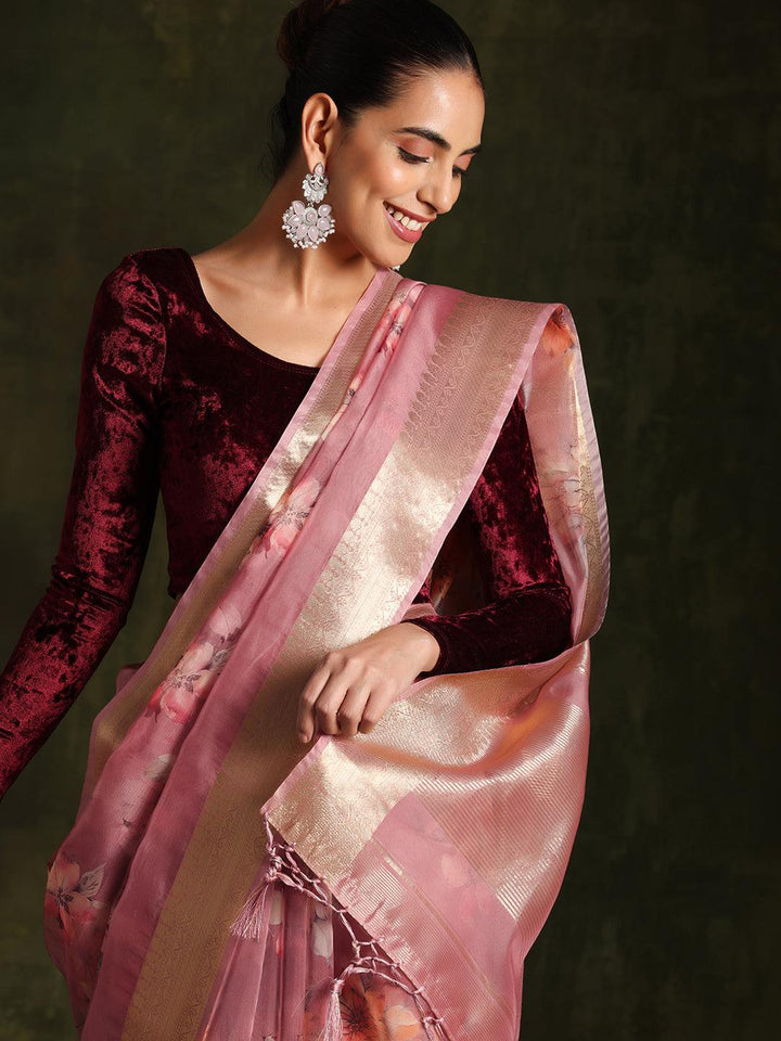 Mauve Printed Organza Saree With Unstitched Blouse Piece - Libas