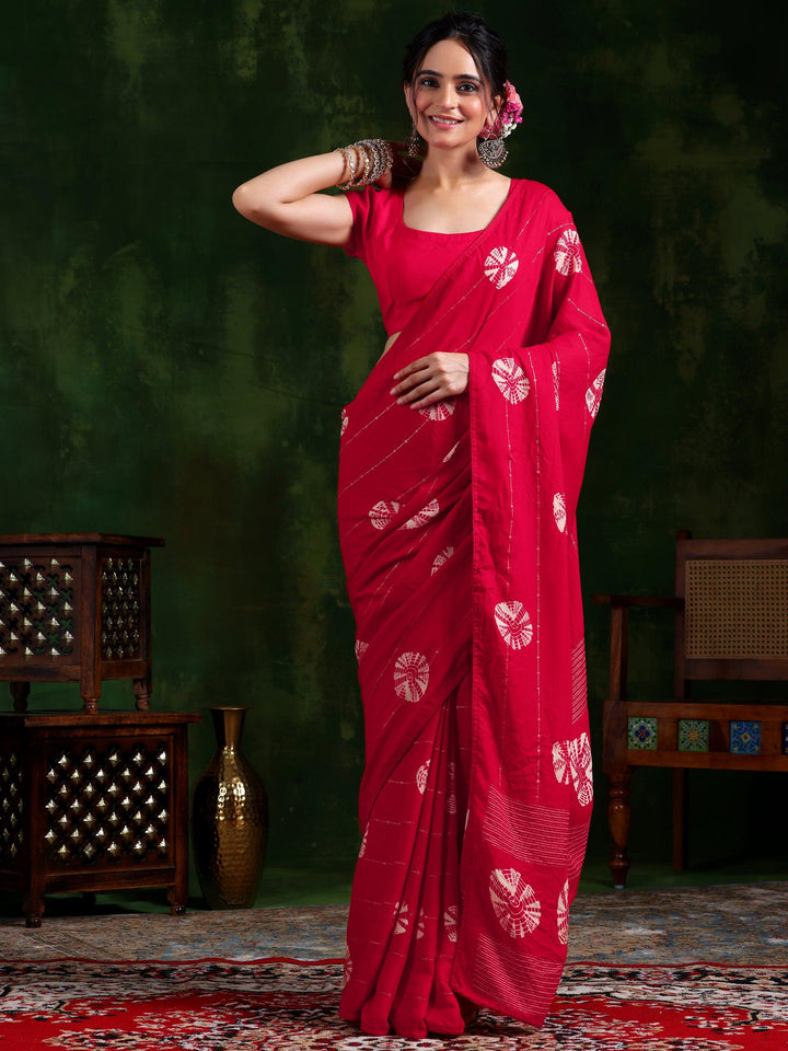 Red Printed Poly Chiffon Saree With Unstitched Blouse Piece - Libas