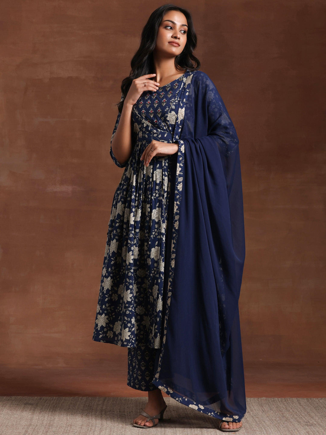 Blue Printed Pure Cotton Anarkali Suit With Dupatta - Libas 