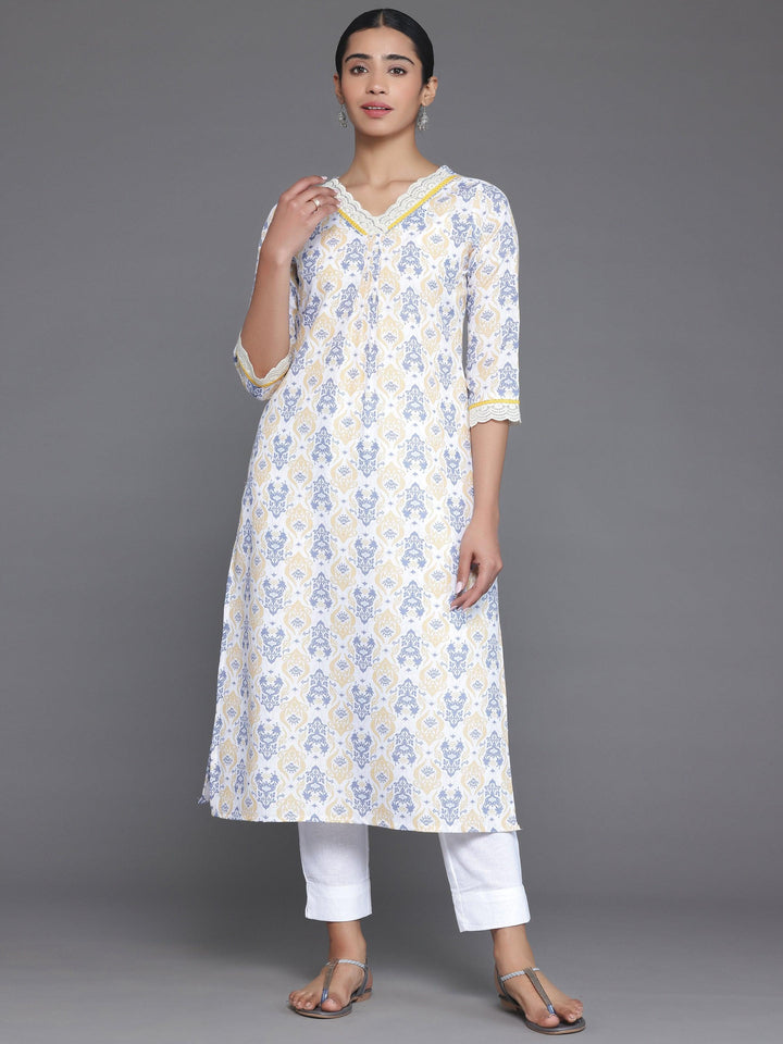 Off White Printed Cotton Straight Kurta - Libas