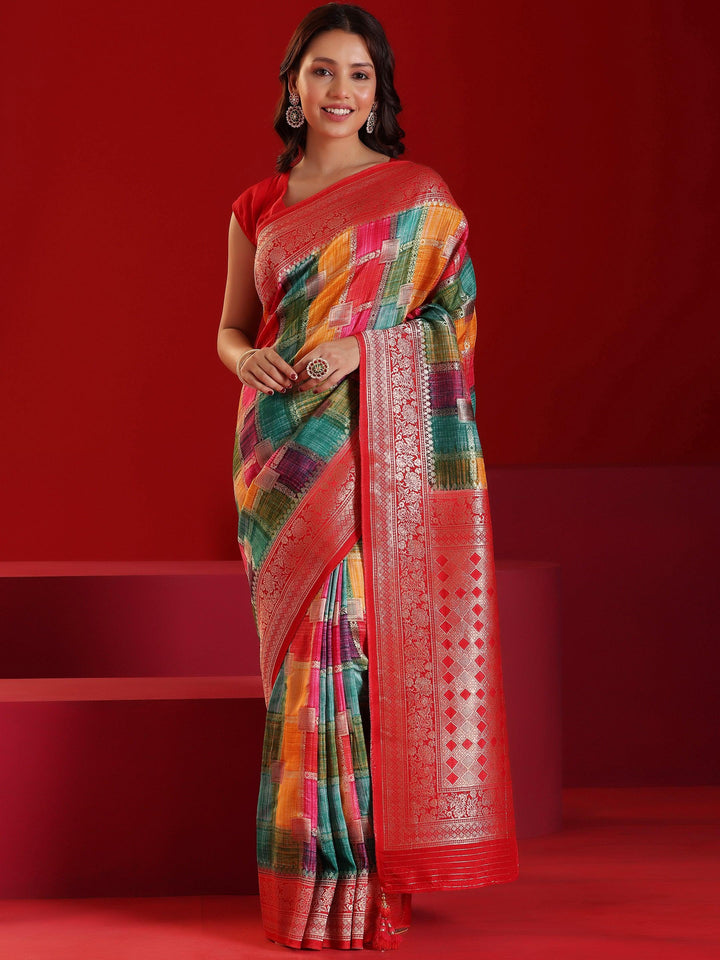 Libas Art Multicoloured Woven Design Satin Saree With Unstitched Blouse Piece - Libas