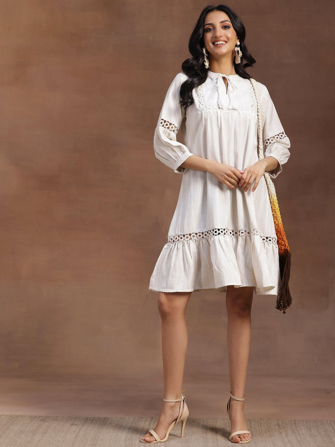 Off White Self Design Cotton A-Line Dress - Libas 