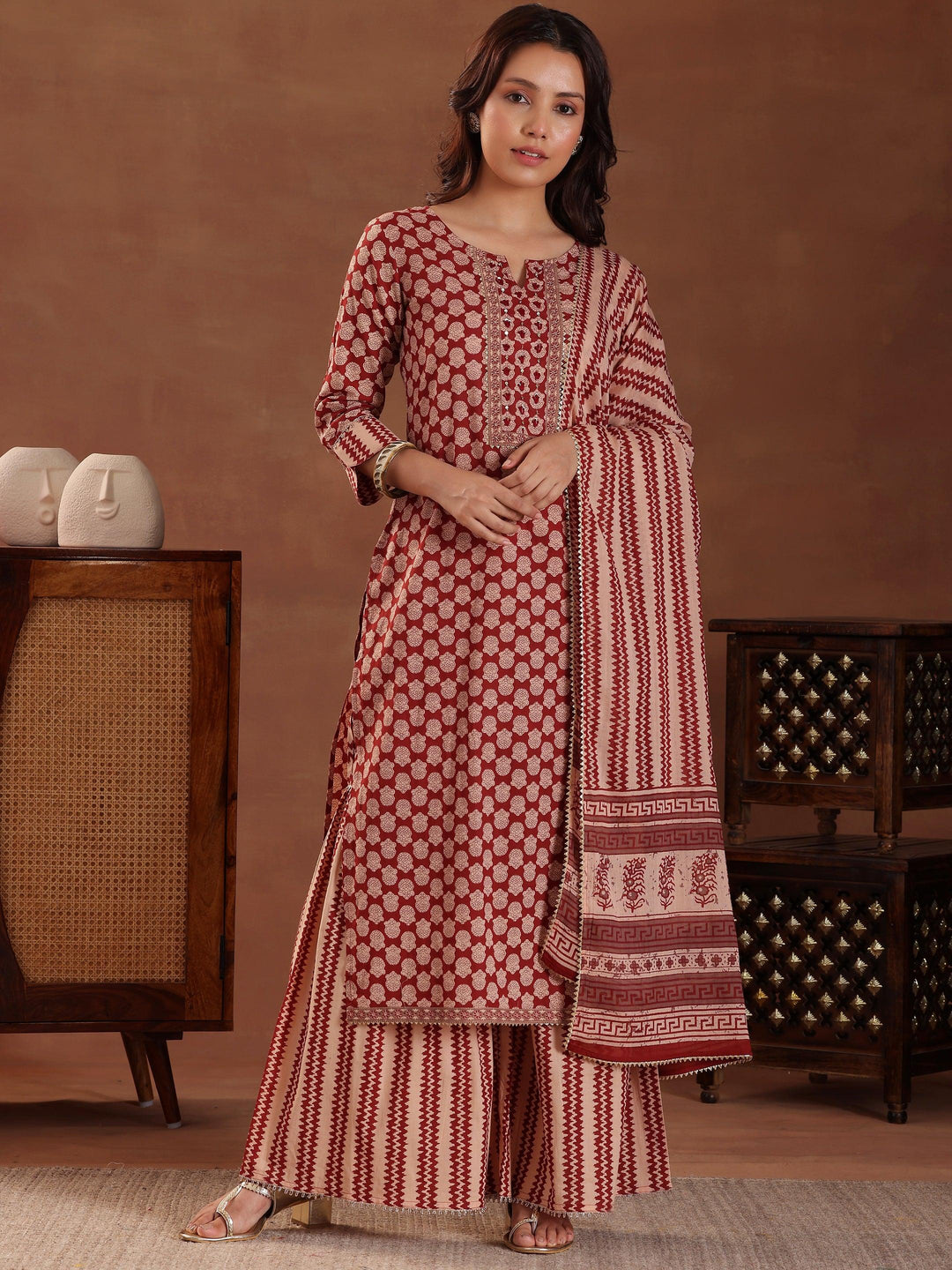 Maroon Printed Cotton Straight Suit With Dupatta - Libas