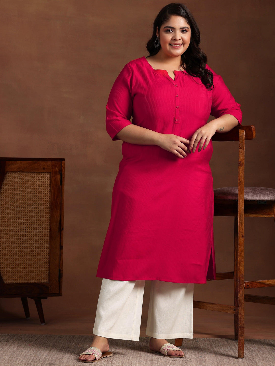 Plus Size Red Woven Design Silk Straight Kurta - Libas