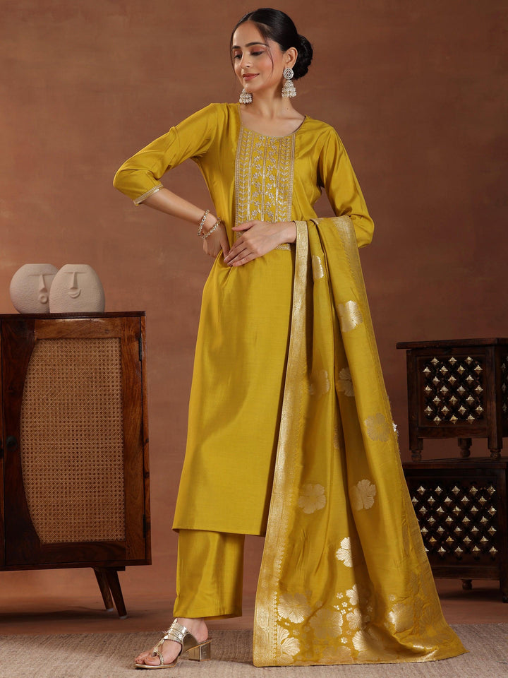 Mustard Yoke Design Silk Blend Straight Suit With Dupatta - Libas