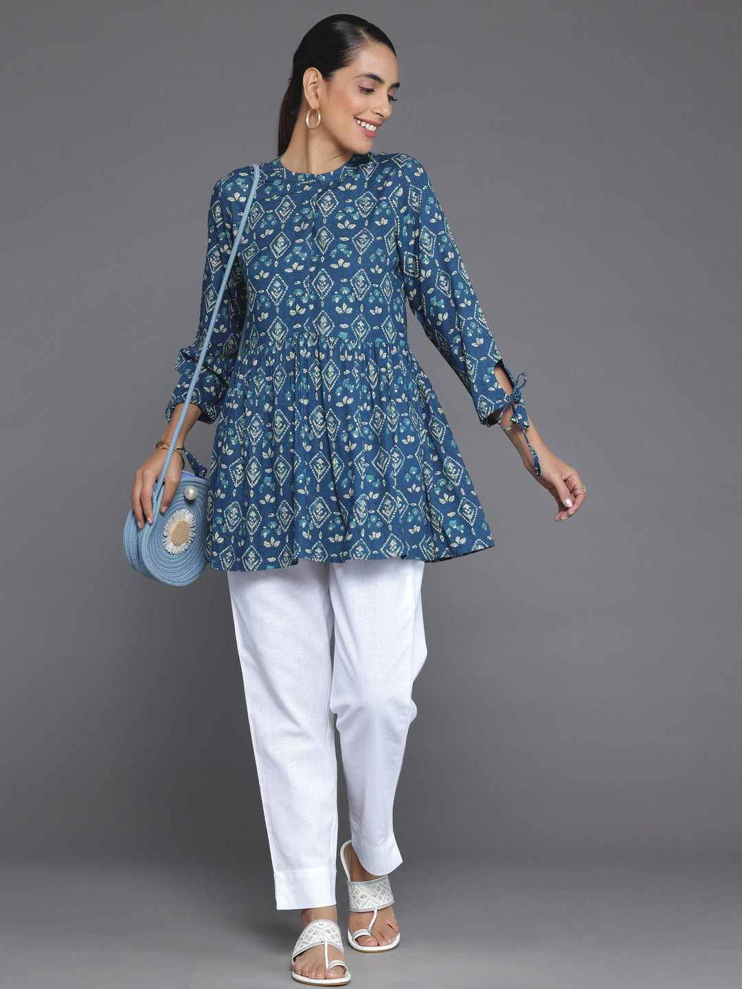 Blue Printed Rayon A-Line Kurti - Libas 