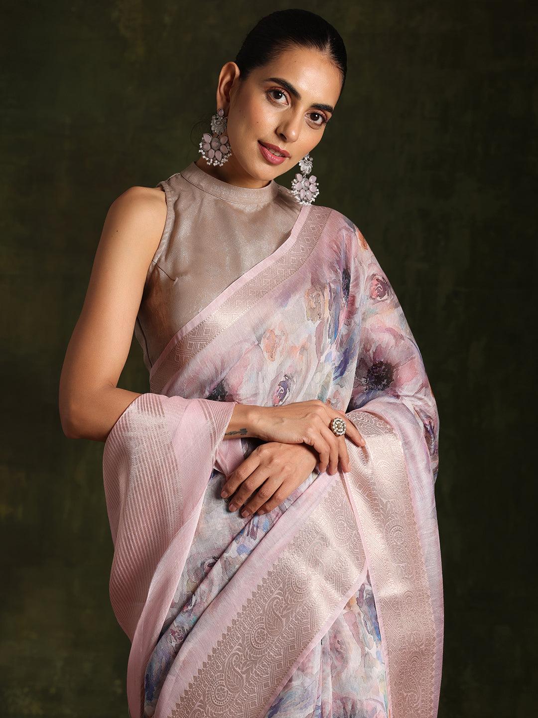 Multicoloured Printed Silk Blend Saree With Unstitched Blouse Piece - Libas